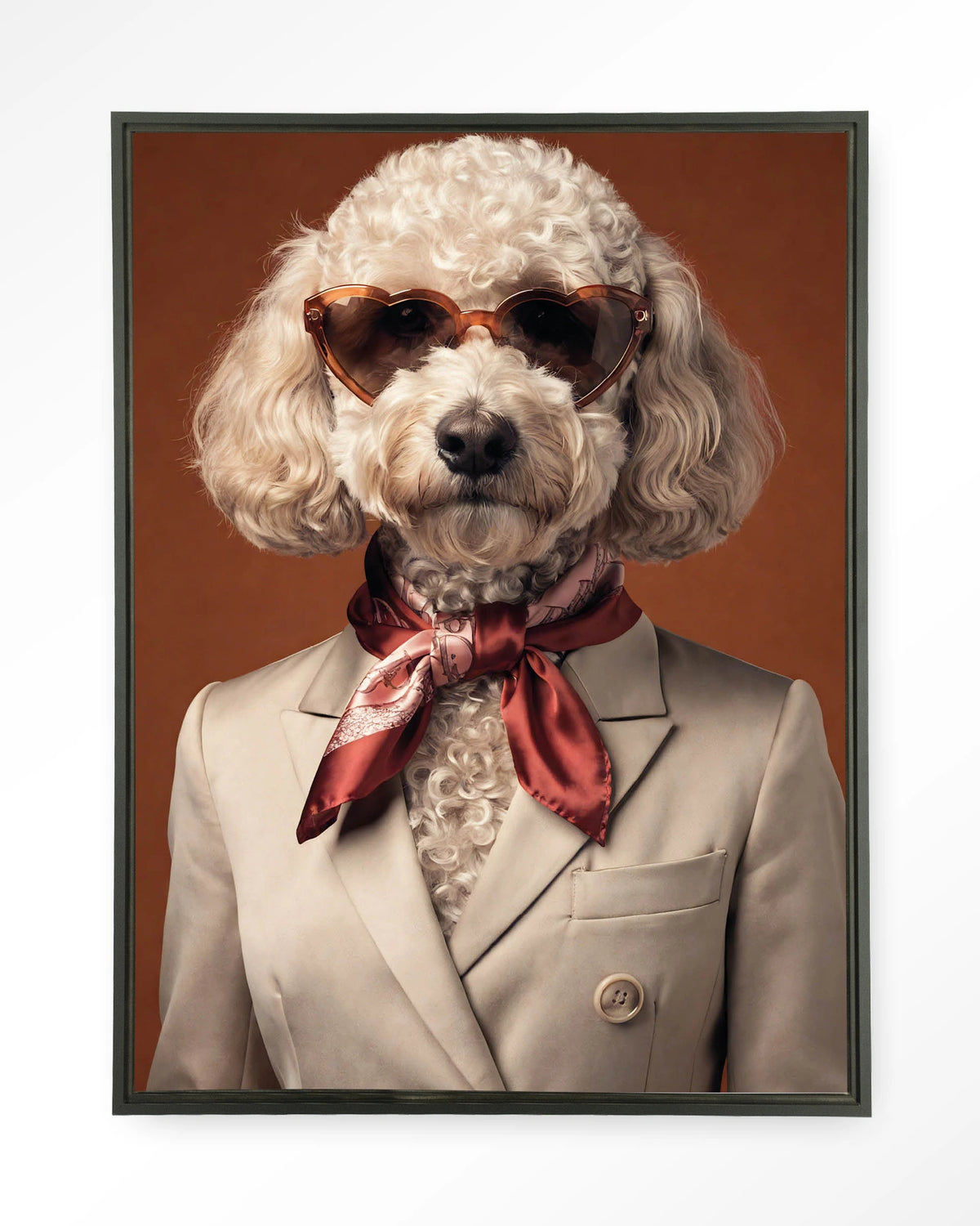 Sjaakie – hond met hartvormige zonnebril – Wandkleed – Floating frame – zwart