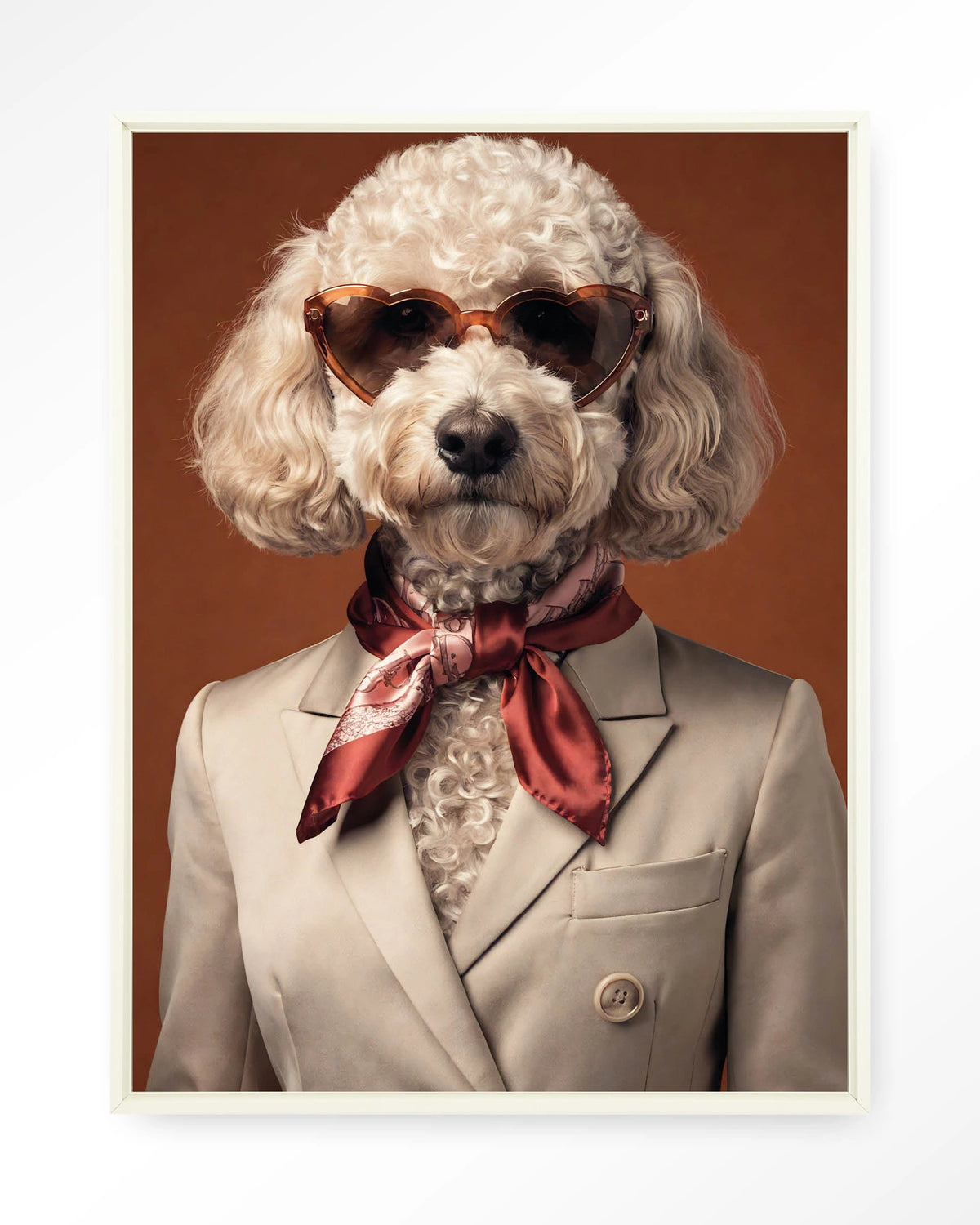 Sjaakie – hond met hartvormige zonnebril – Wandkleed – Floating frame – wit