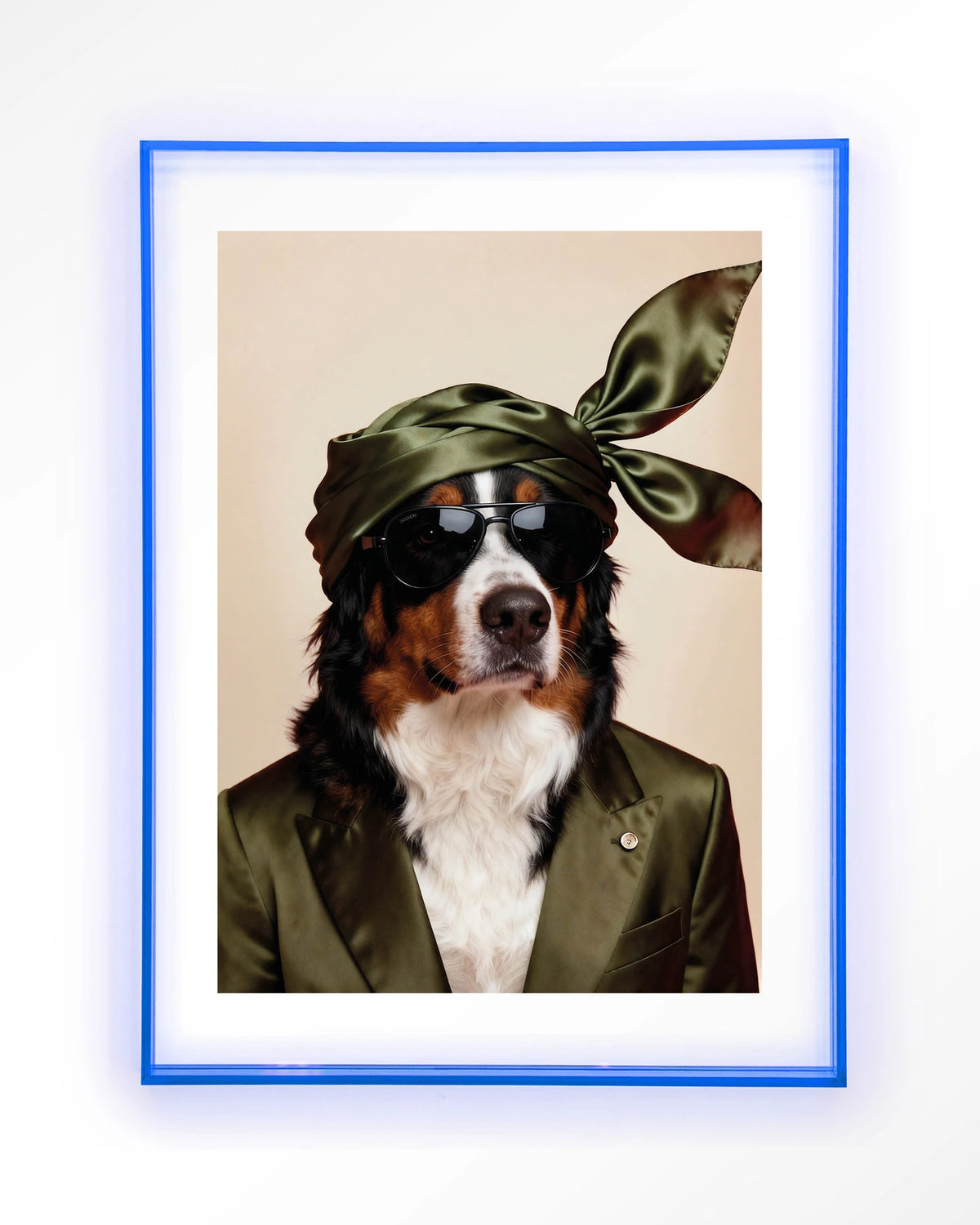 Sam – berner Sennen hond met zonnebril – Art print – Acryl lichtblauw