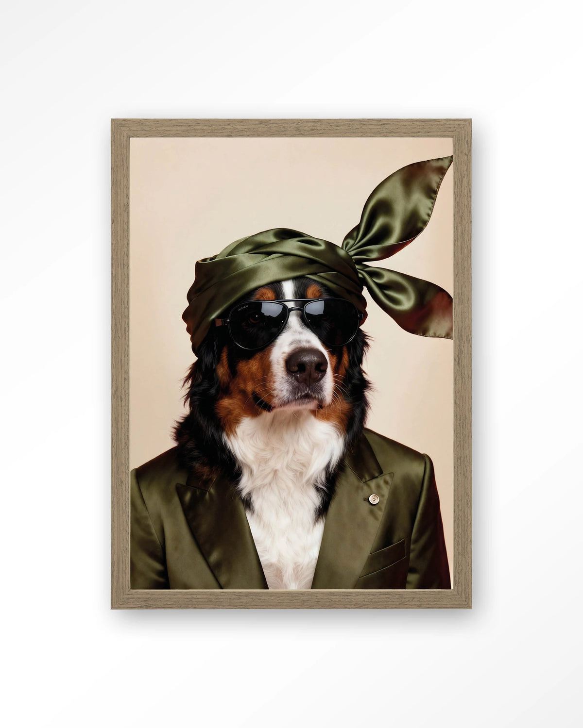 Sam – berner Sennen hond met zonnebril – Art print – Hout bruin