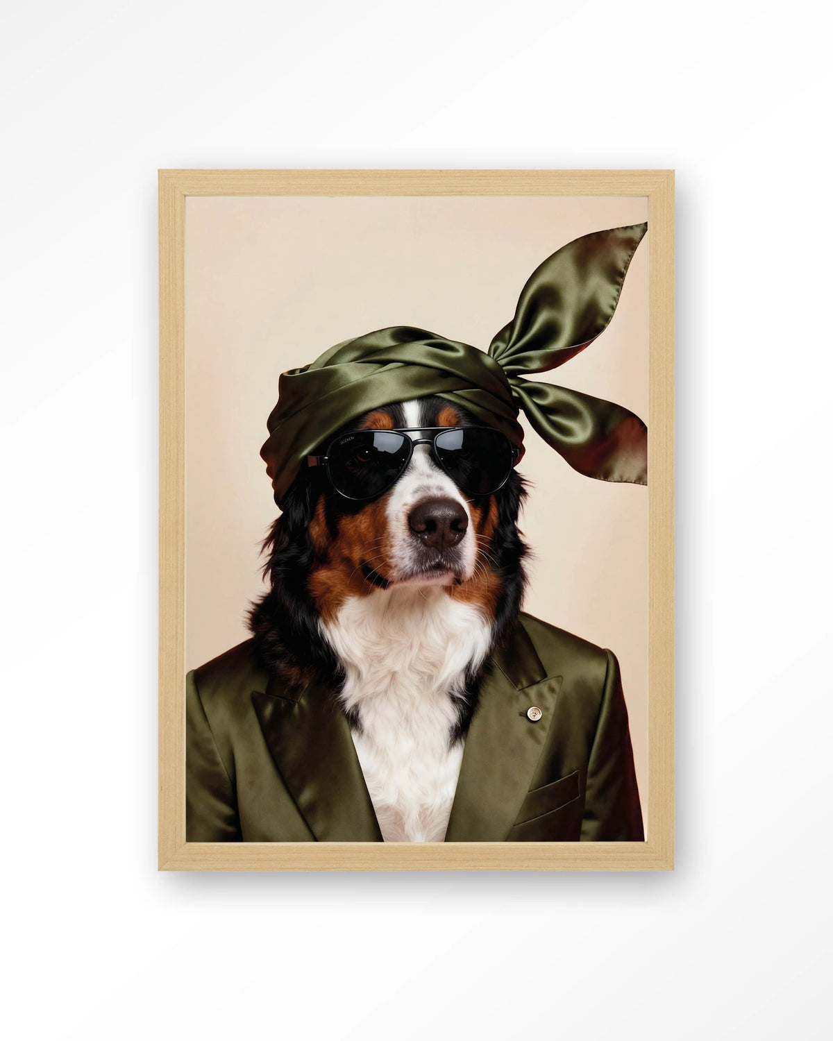 Sam – berner Sennen hond met zonnebril – Art print – Hout naturel