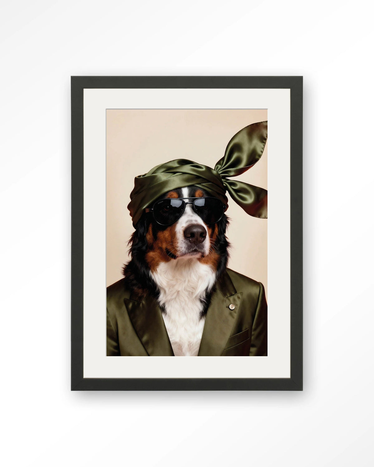 Sam – berner Sennen hond met zonnebril – Art print – Hout zwart + passe-partout