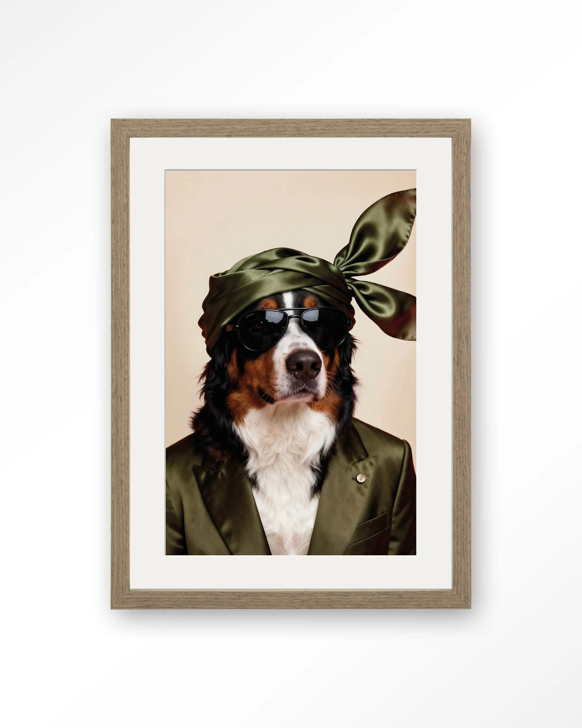 Sam – berner Sennen hond met zonnebril – Art print – Hout bruin + passe-partout