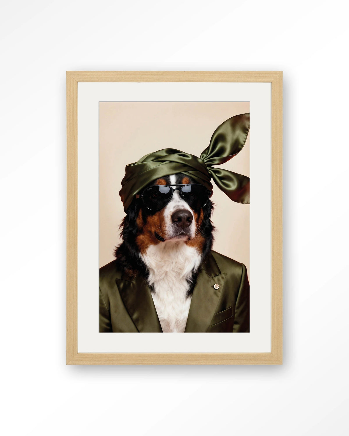 Sam – berner Sennen hond met zonnebril – Art print – Hout naturel + passe-partout