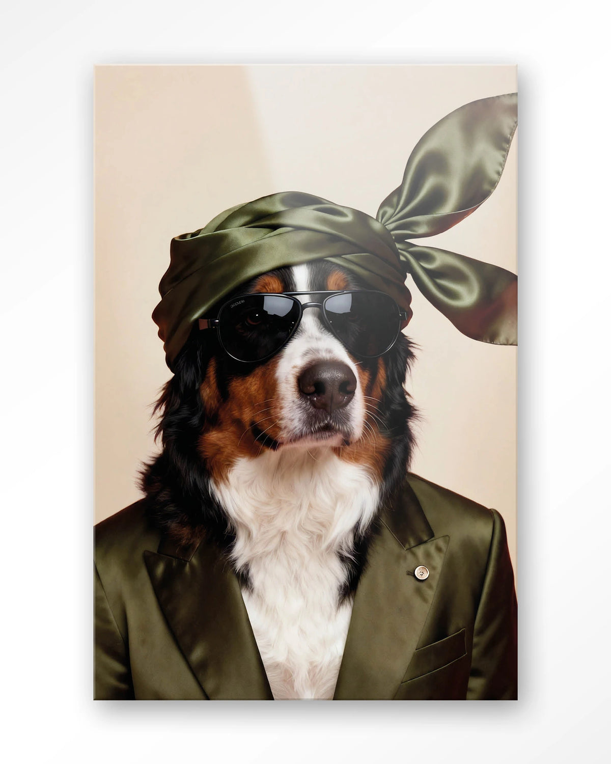 Sam – berner Sennen hond met zonnebril – Glas – Blinde montage