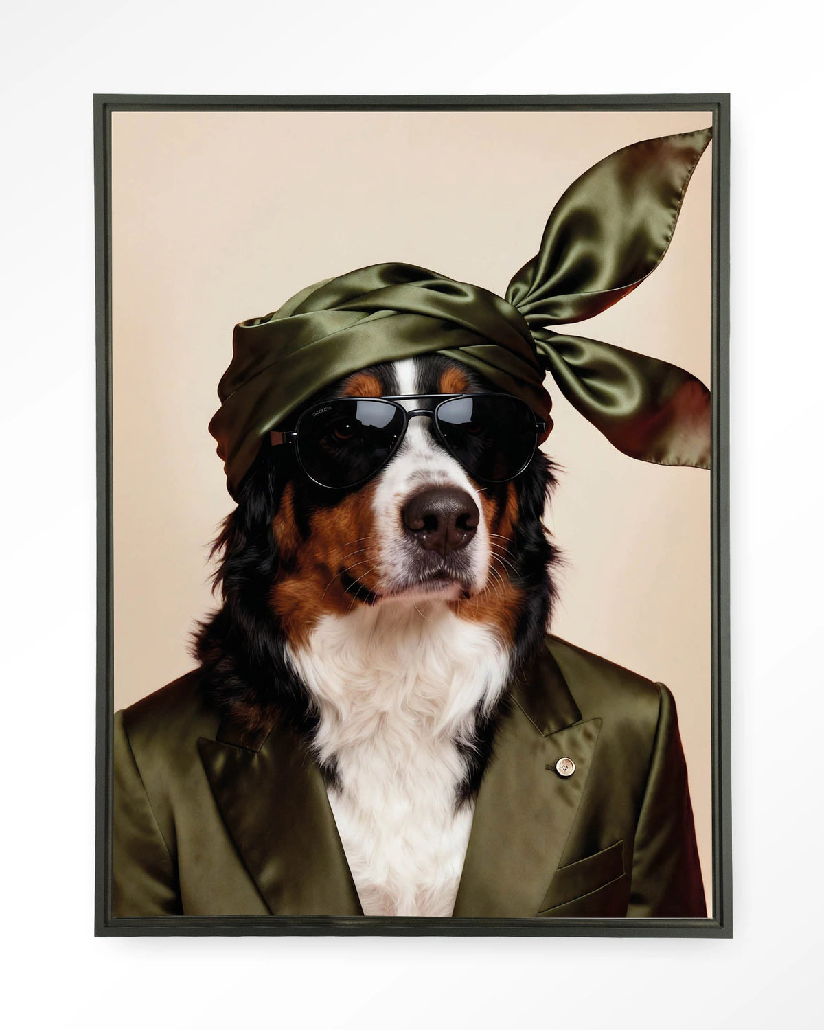 Sam – berner Sennen hond met zonnebril – Wandkleed – Floating frame – zwart