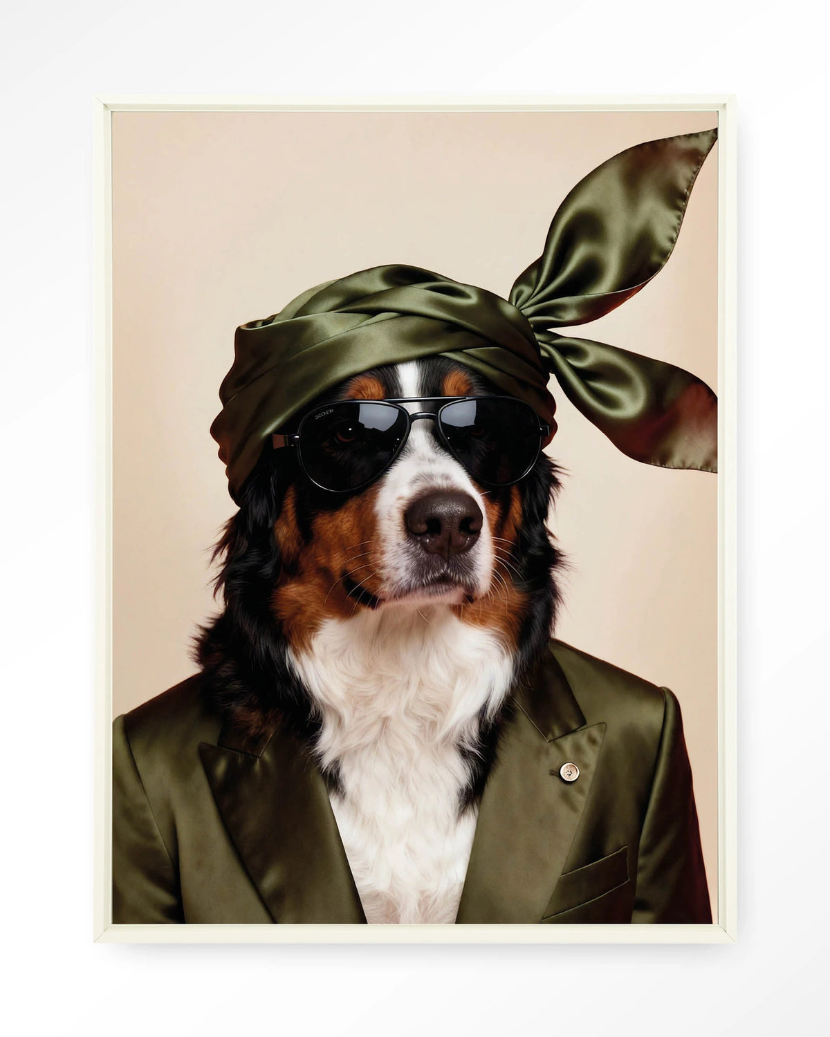 Sam – berner Sennen hond met zonnebril – Wandkleed – Floating frame – wit