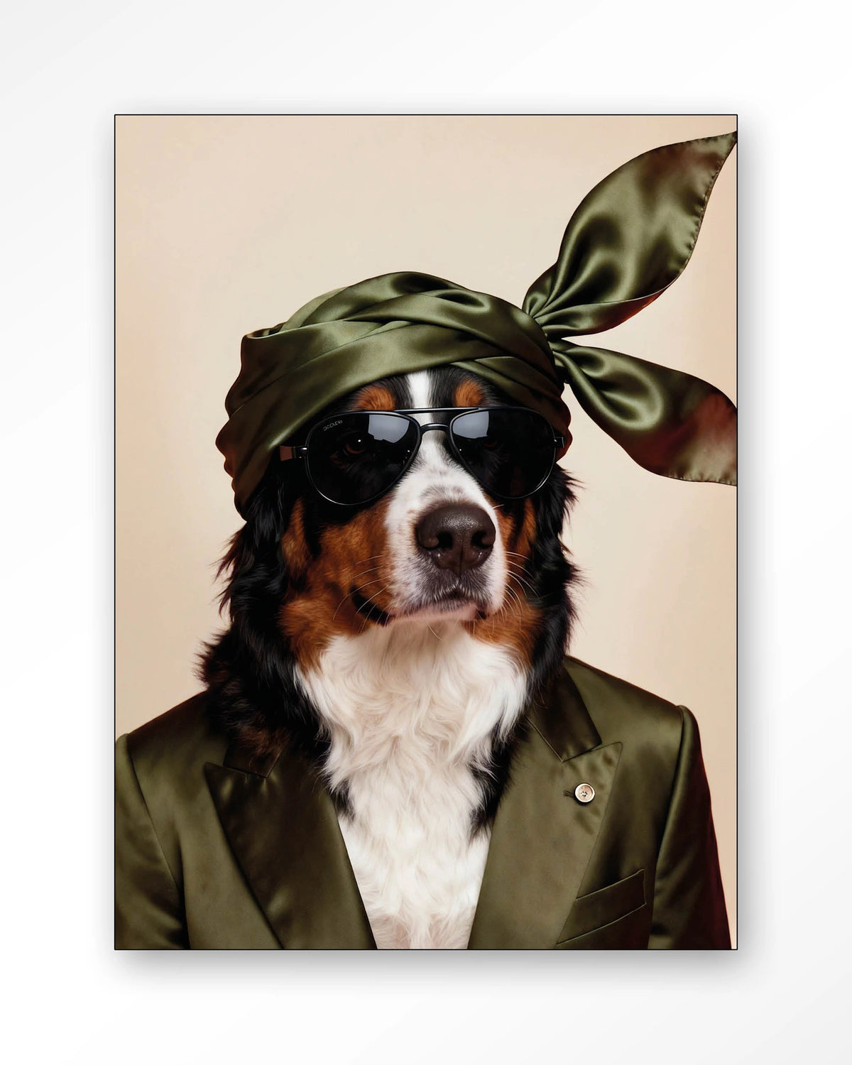 Sam – berner Sennen hond met zonnebril – Wandkleed – Frame – zwart