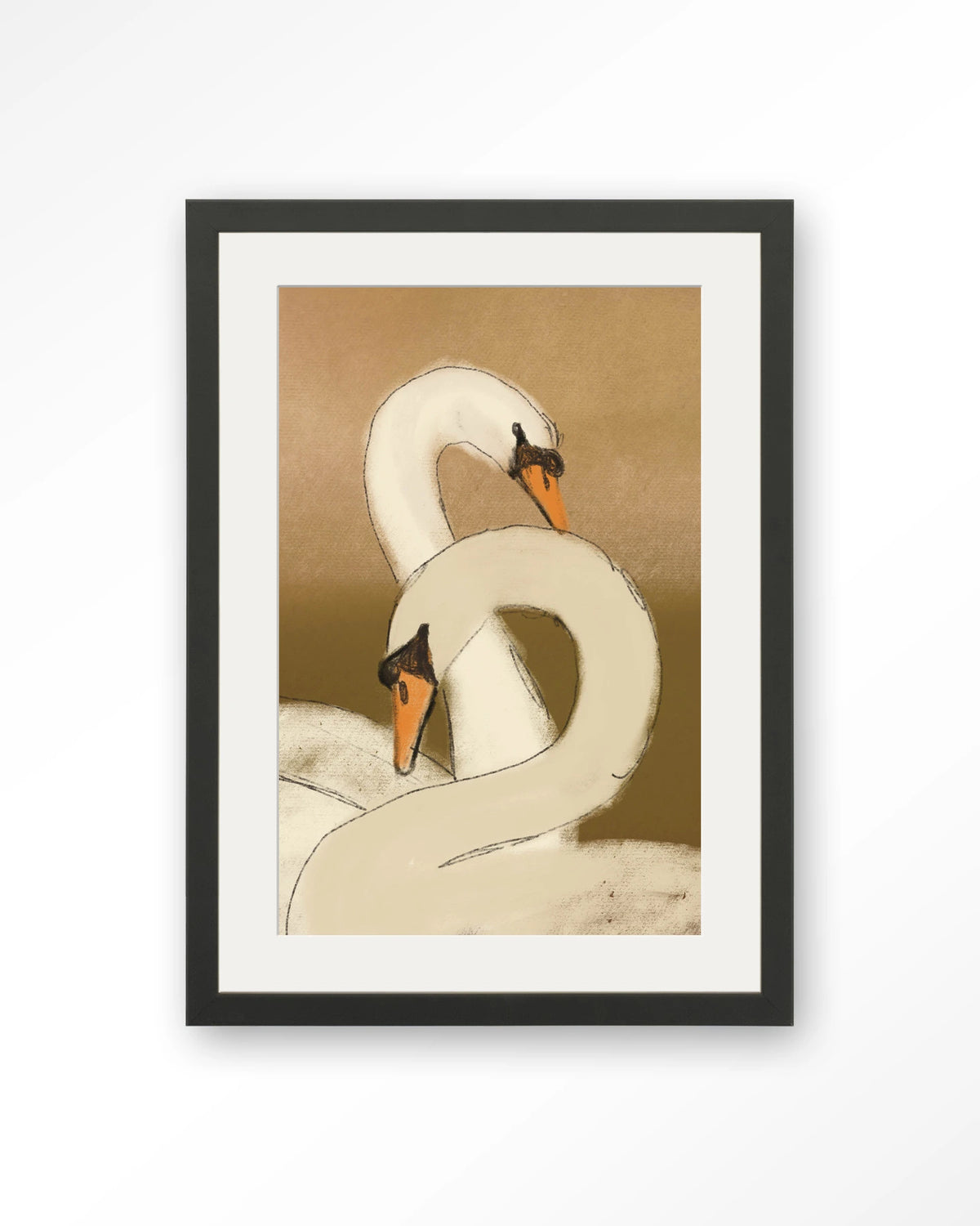 Swan Lake Green – twee zwanen op gouden achtergrond – Art print – Hout zwart + passe-partout