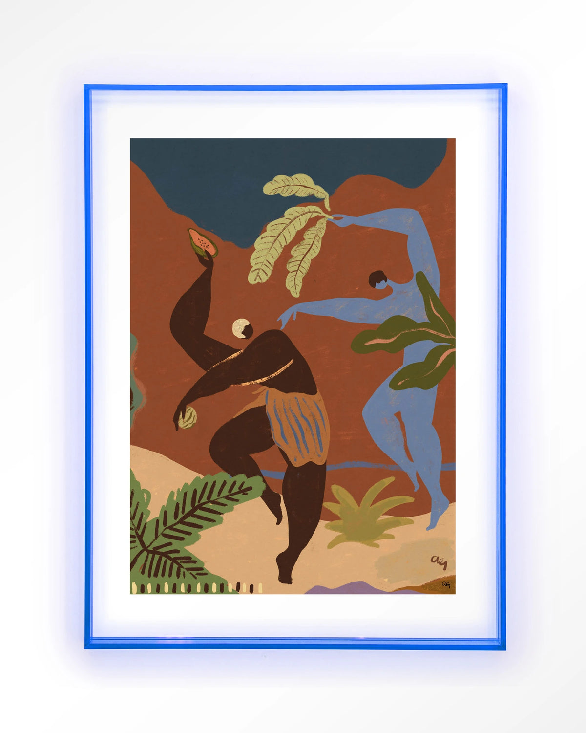 Wild Rhythm – dansende figuren in aardetinten – Art print – Acryl lichtblauw