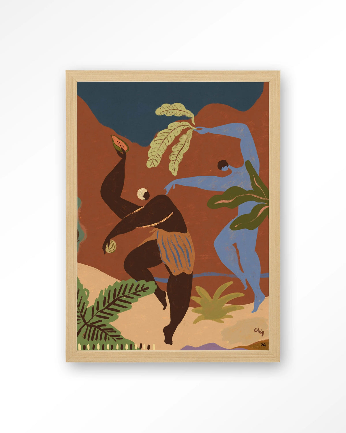 Wild Rhythm – dansende figuren in aardetinten – Art print – Hout naturel