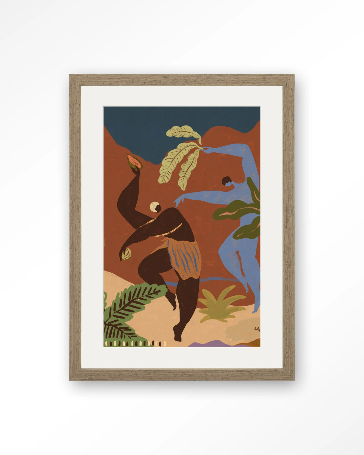 Wild Rhythm – dansende figuren in aardetinten – Art print – Hout bruin + passe-partout