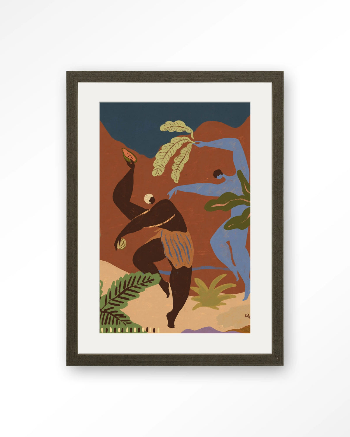 Wild Rhythm – dansende figuren in aardetinten – Art print – Hout donkerbruin + passe-partout