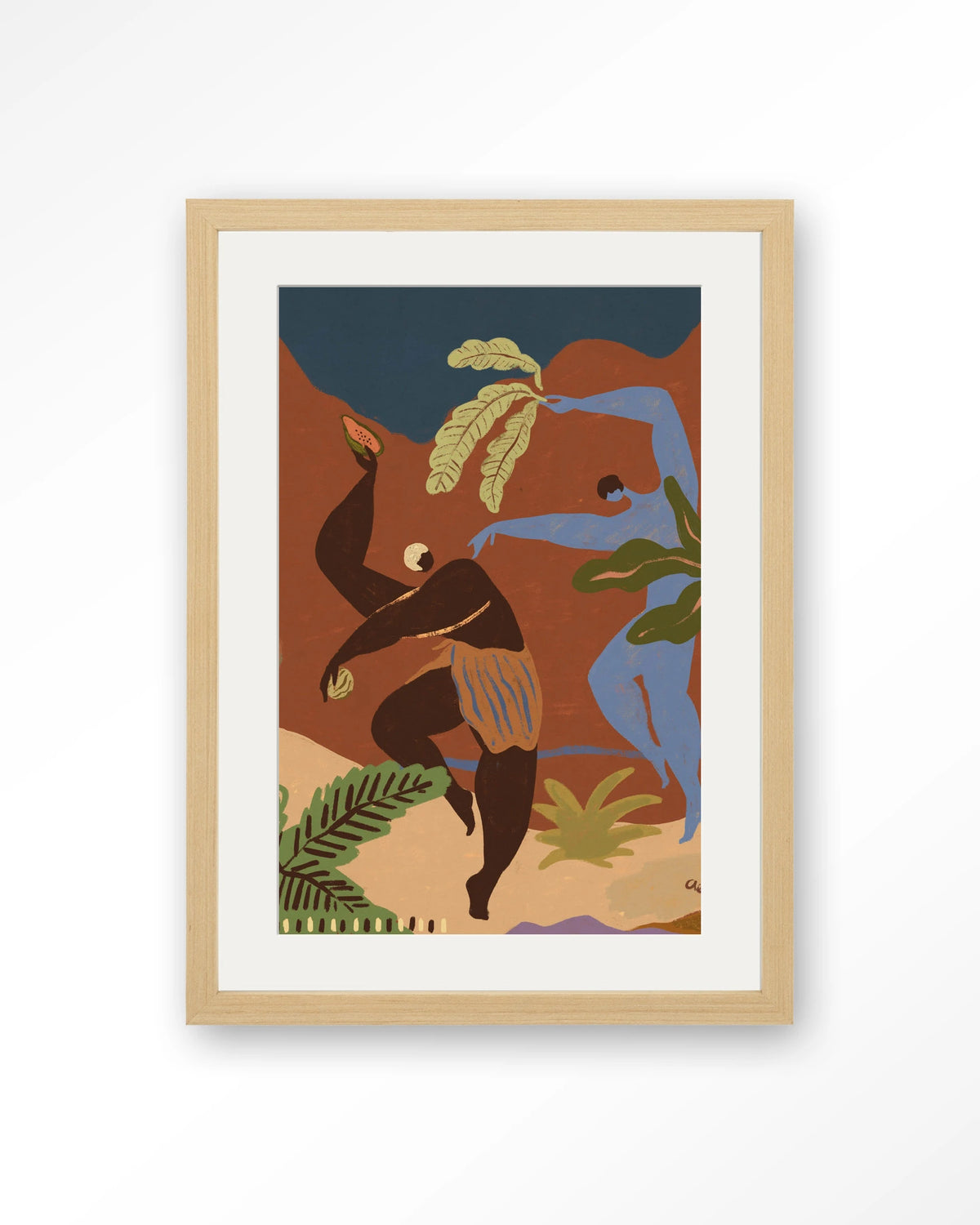 Wild Rhythm – dansende figuren in aardetinten – Art print – Hout naturel + passe-partout