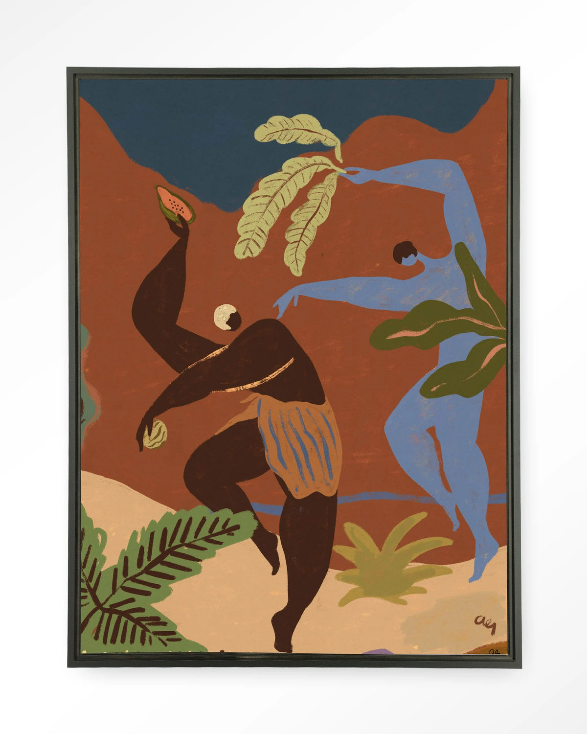 Wild Rhythm – dansende figuren in aardetinten – Wandkleed – Floating frame – zwart