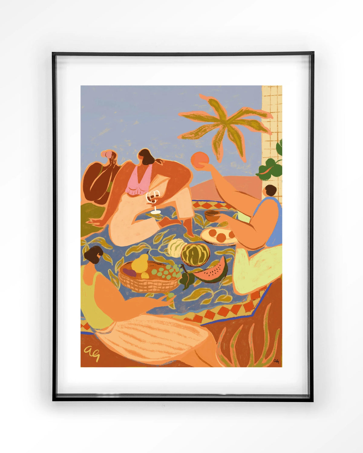 Summer Picnic – zomerse picknick met fruit – Art print – Acryl zwart