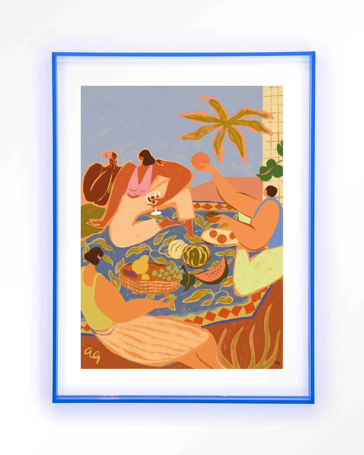 Summer Picnic – zomerse picknick met fruit – Art print – Acryl lichtblauw