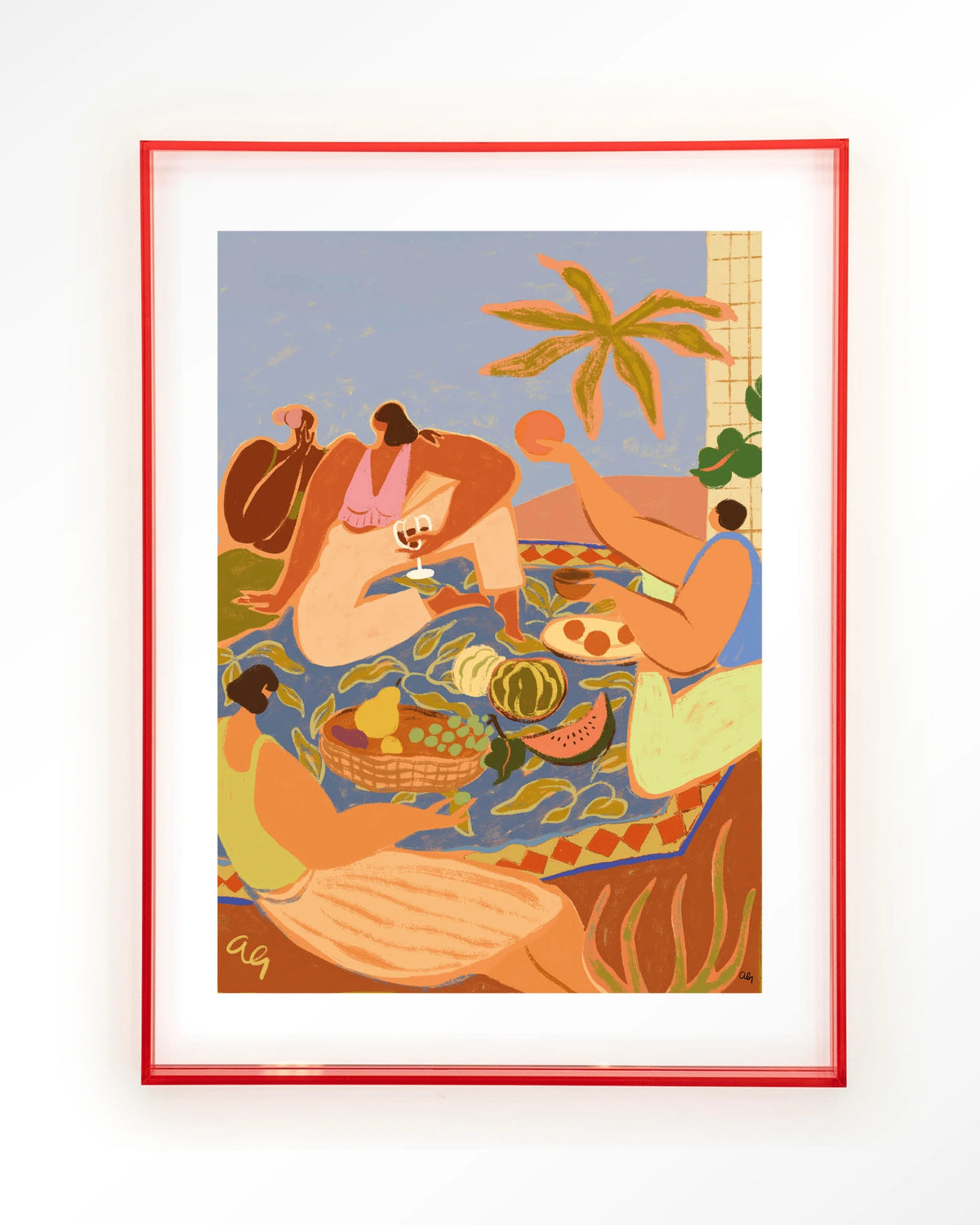 Summer Picnic – zomerse picknick met fruit – Art print – Acryl roze