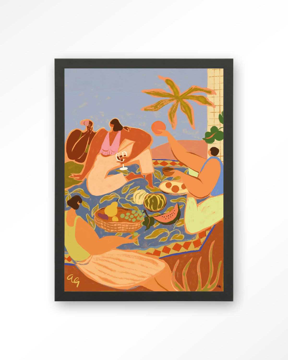 Summer Picnic – zomerse picknick met fruit – Art print – Hout zwart