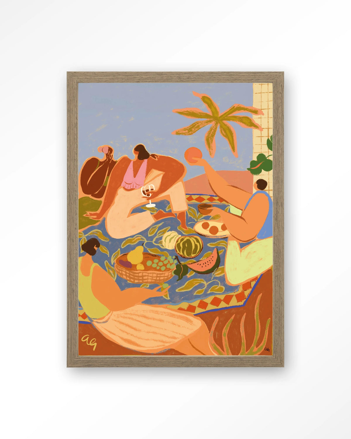 Summer Picnic – zomerse picknick met fruit – Art print – Hout bruin