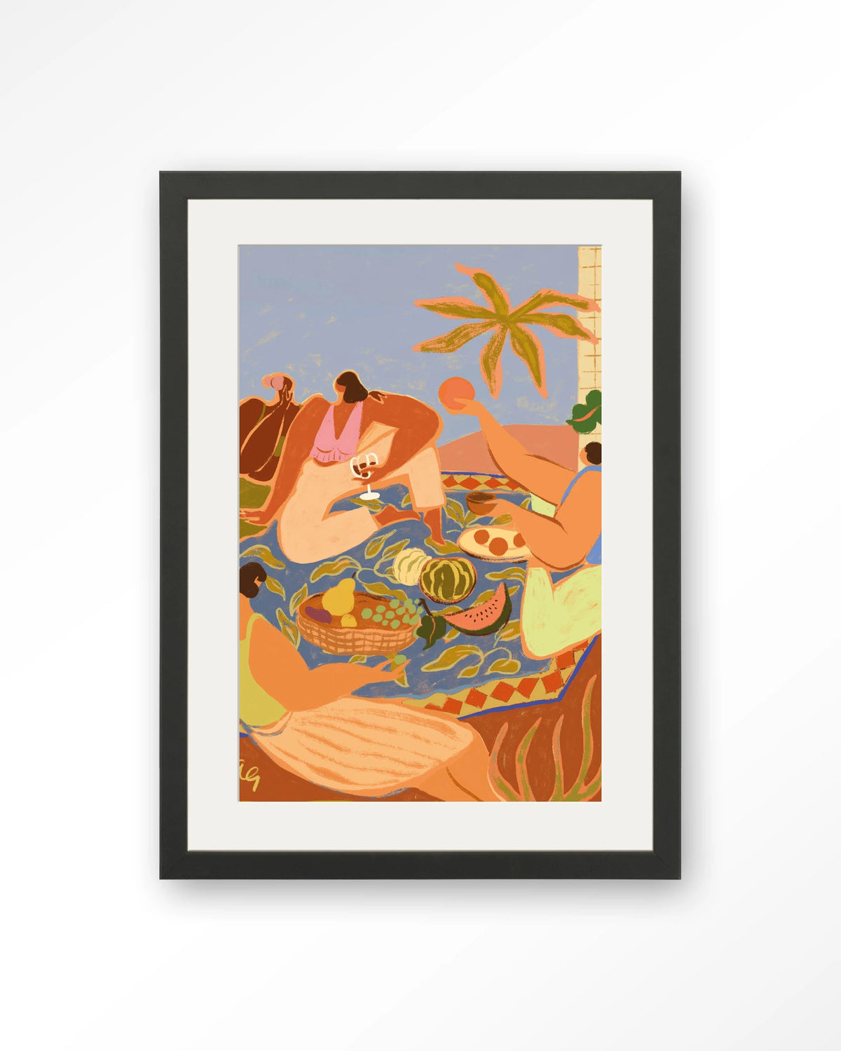 Summer Picnic – zomerse picknick met fruit – Art print – Hout zwart + passe-partout