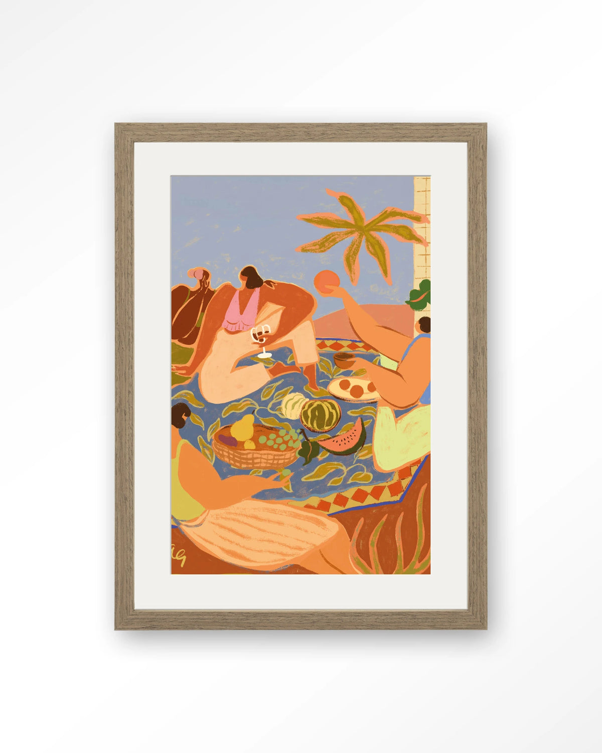 Summer Picnic – zomerse picknick met fruit – Art print – Hout bruin + passe-partout