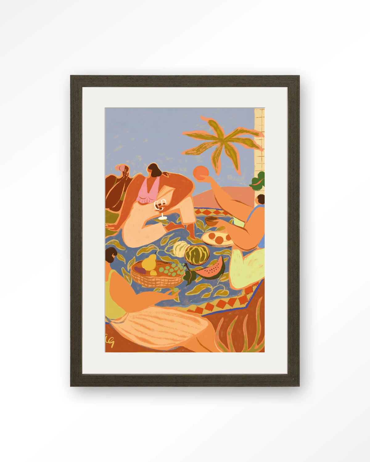 Summer Picnic – zomerse picknick met fruit – Art print – Hout donkerbruin + passe-partout