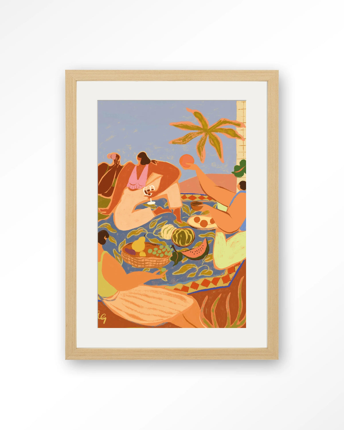 Summer Picnic – zomerse picknick met fruit – Art print – Hout naturel + passe-partout