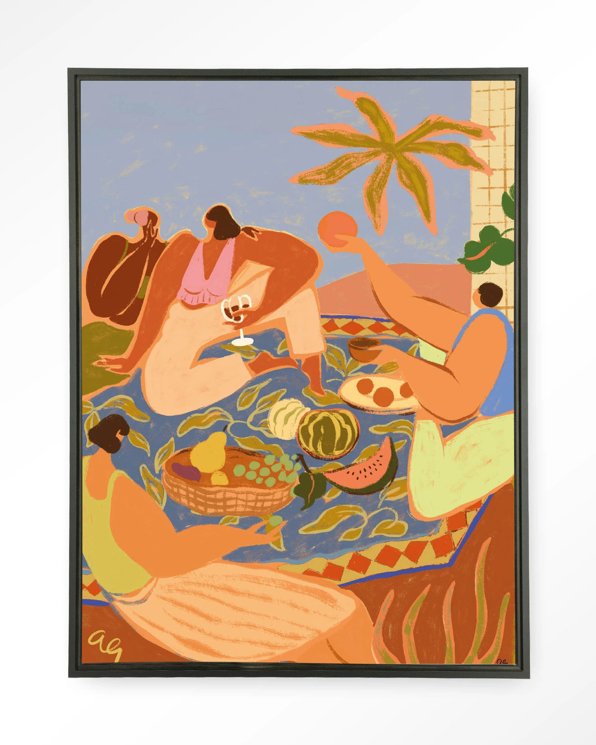 Summer Picnic – zomerse picknick met fruit – Wandkleed – Floating frame – zwart