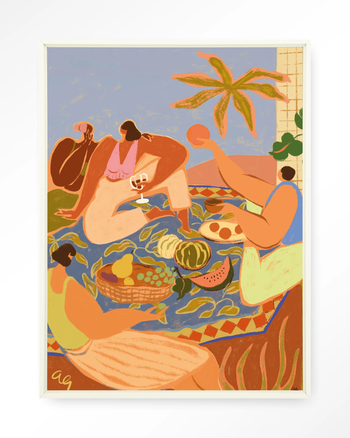 Summer Picnic – zomerse picknick met fruit – Wandkleed – Floating frame – wit