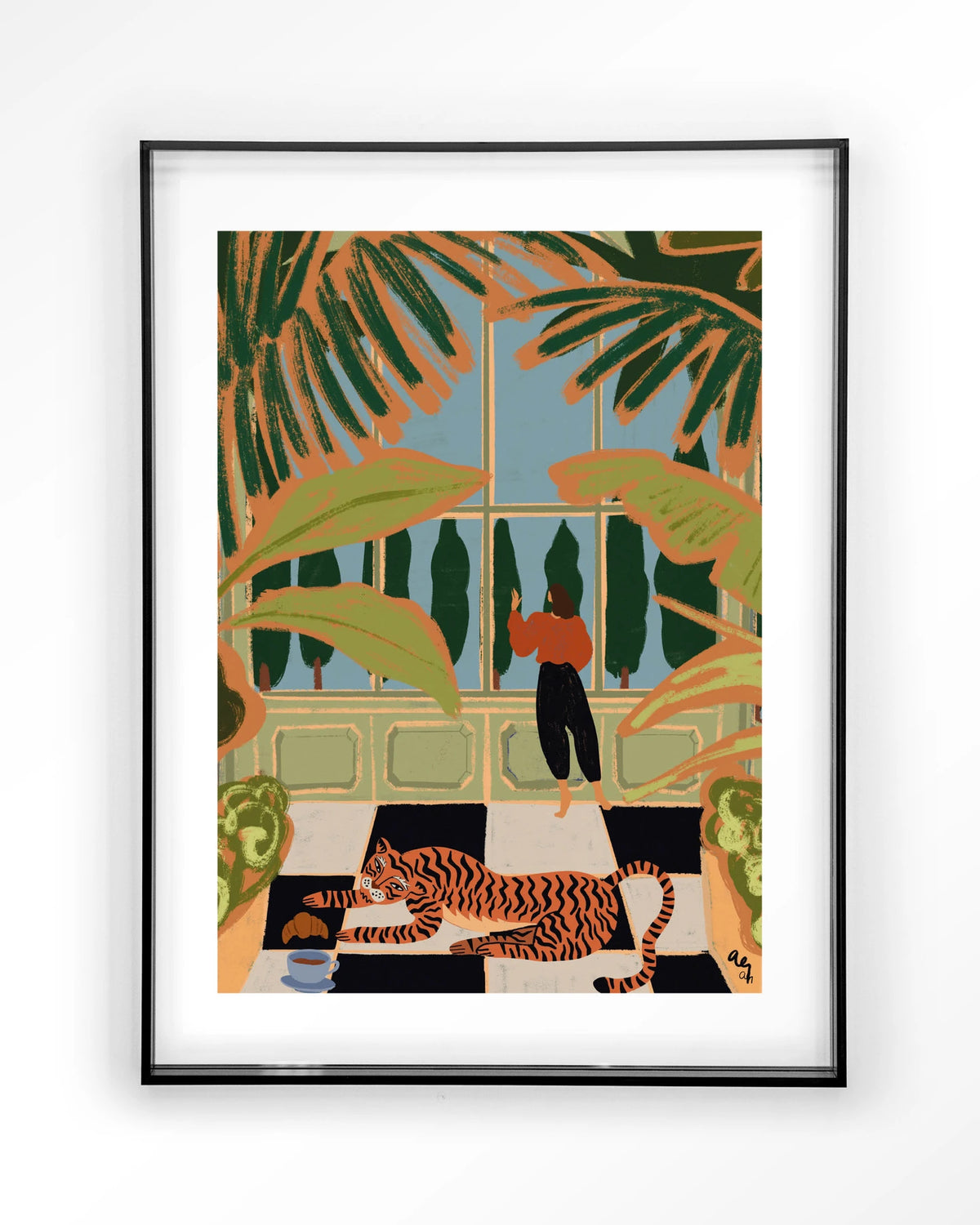 Green House – tijger in kas met vrouw – Art print – Acryl zwart