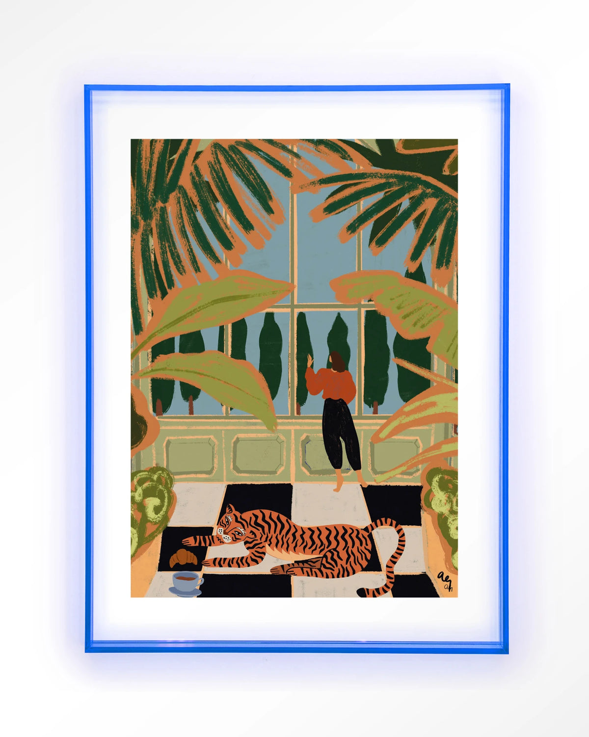 Green House – tijger in kas met vrouw – Art print – Acryl lichtblauw