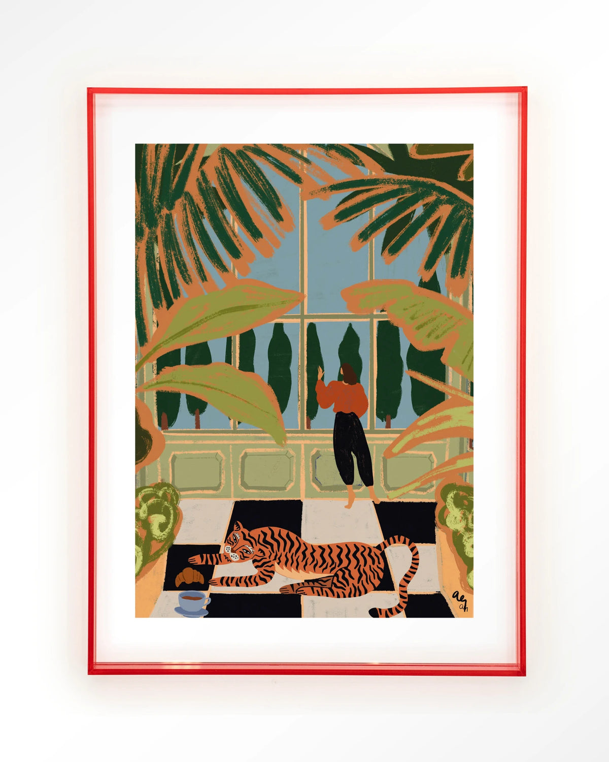 Green House – tijger in kas met vrouw – Art print – Acryl roze