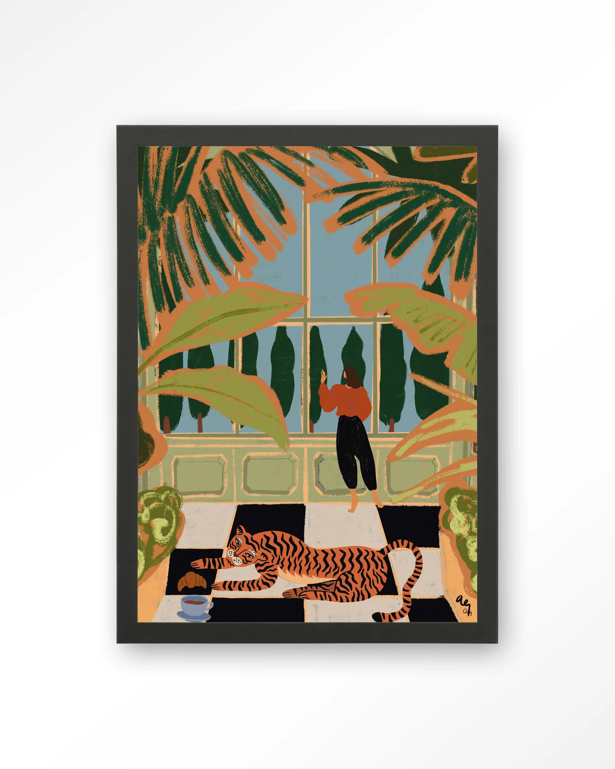 Green House – tijger in kas met vrouw – Art print – Hout zwart