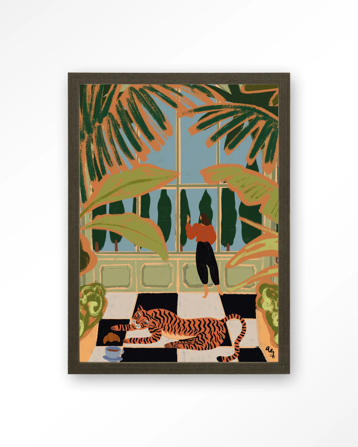 Green House – tijger in kas met vrouw – Art print – Hout donkerbruin