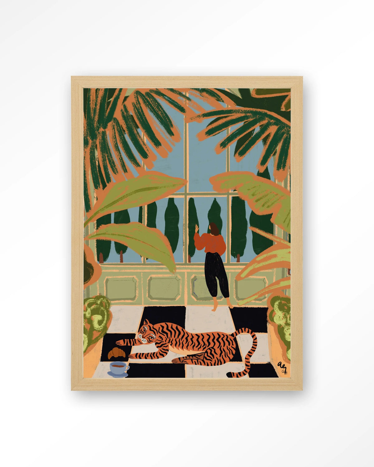 Green House – tijger in kas met vrouw – Art print – Hout naturel