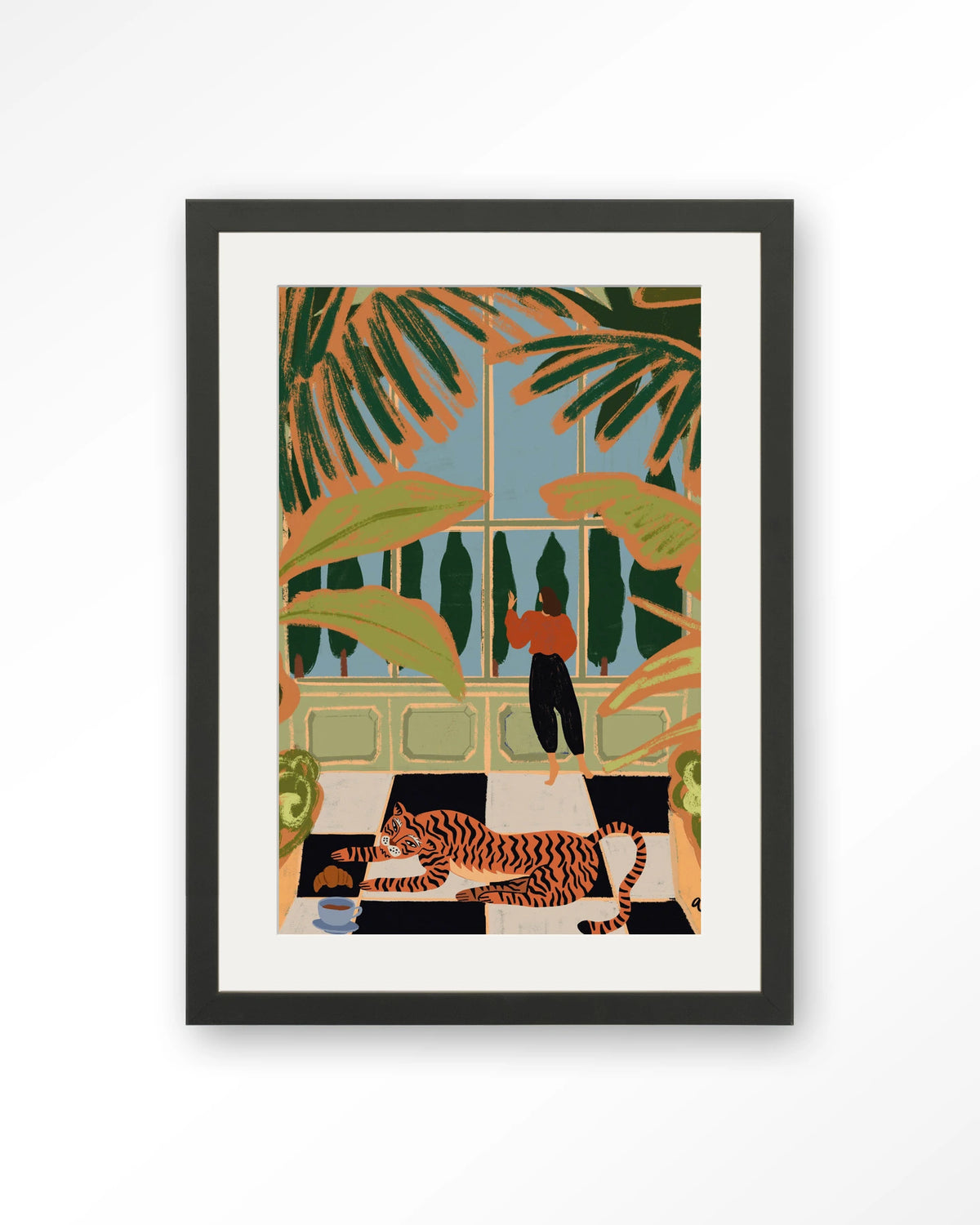 Green House – tijger in kas met vrouw – Art print – Hout zwart + passe-partout