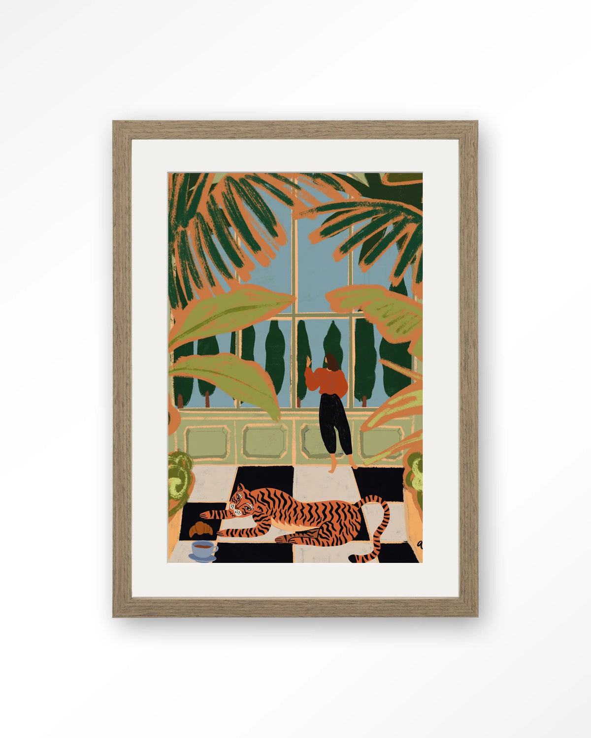 Green House – tijger in kas met vrouw – Art print – Hout bruin + passe-partout