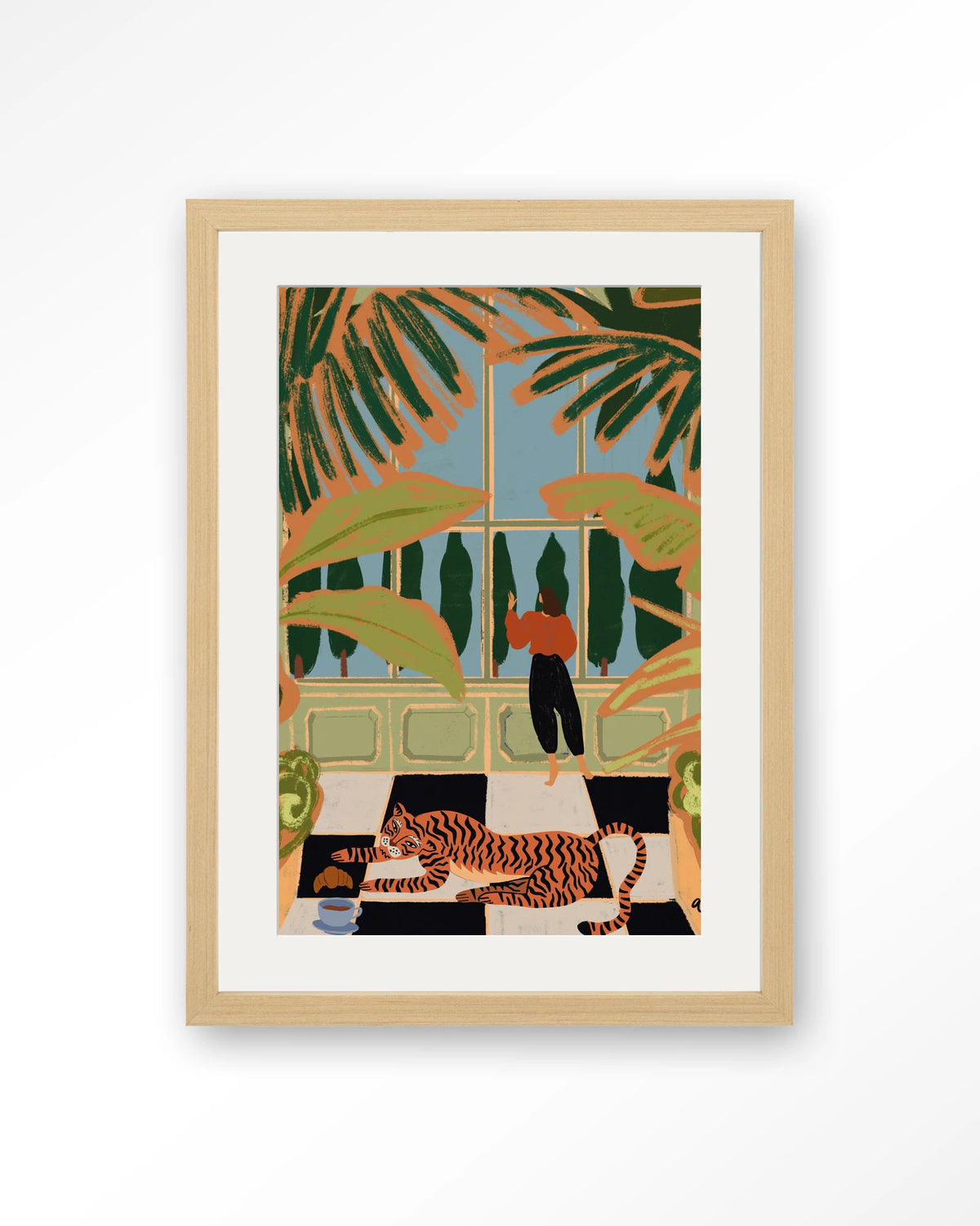Green House – tijger in kas met vrouw – Art print – Hout naturel + passe-partout