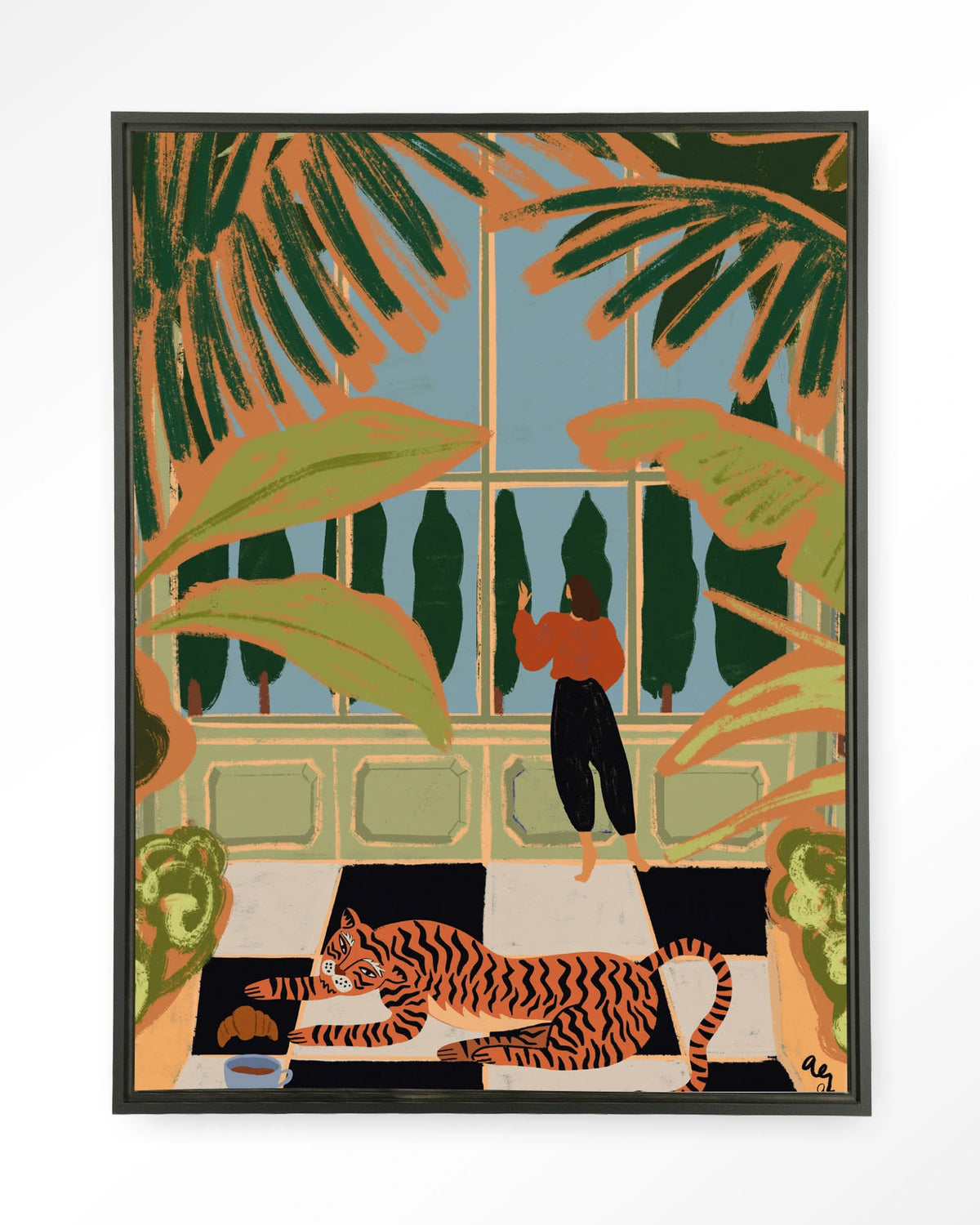Green House – tijger in kas met vrouw – Wandkleed – Floating frame – zwart
