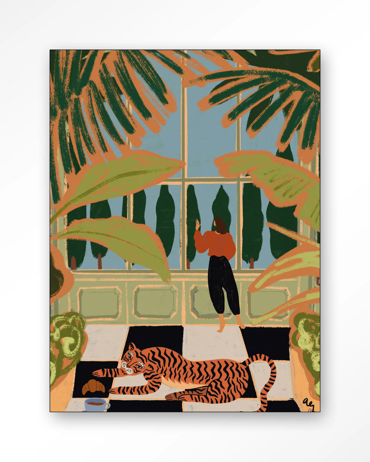 Green House – tijger in kas met vrouw – Wandkleed – Frame – zwart