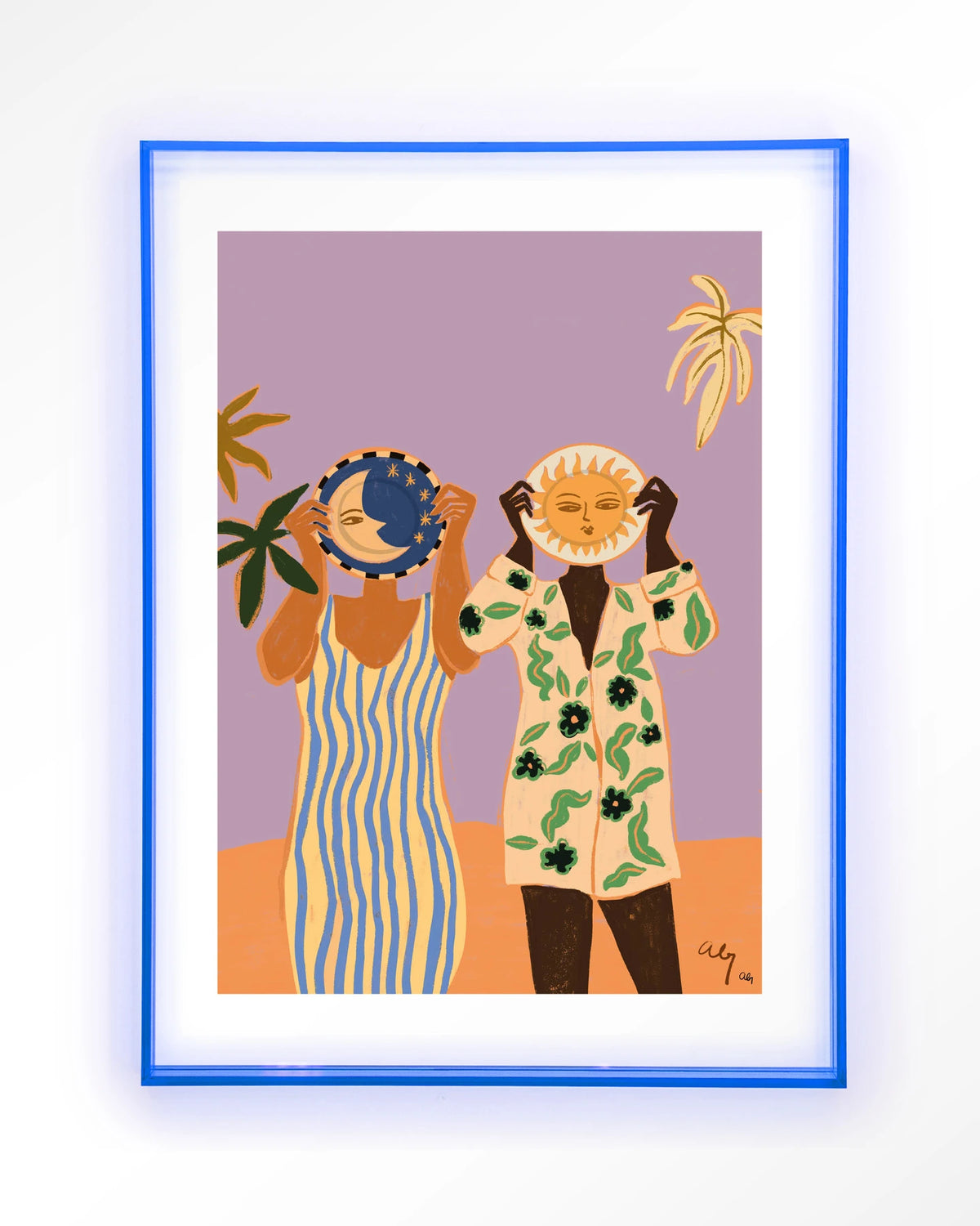 Sun & Moon – zon en maan met twee mensen – Art print – Acryl lichtblauw