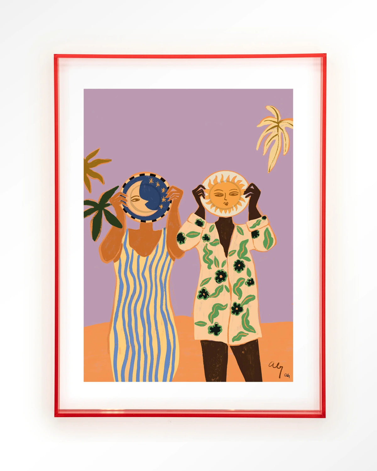 Sun & Moon – zon en maan met twee mensen – Art print – Acryl roze