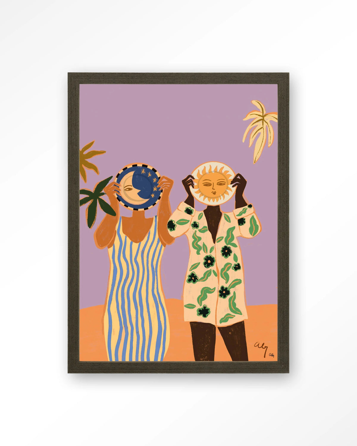 Sun & Moon – zon en maan met twee mensen – Art print – Hout donkerbruin