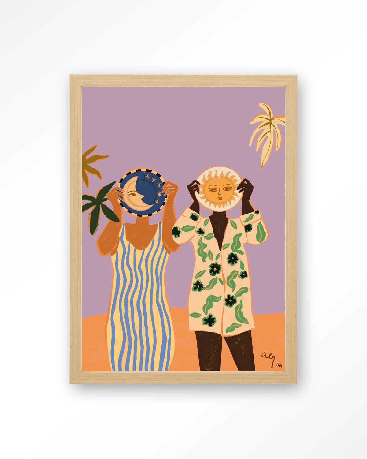 Sun & Moon – zon en maan met twee mensen – Art print – Hout naturel