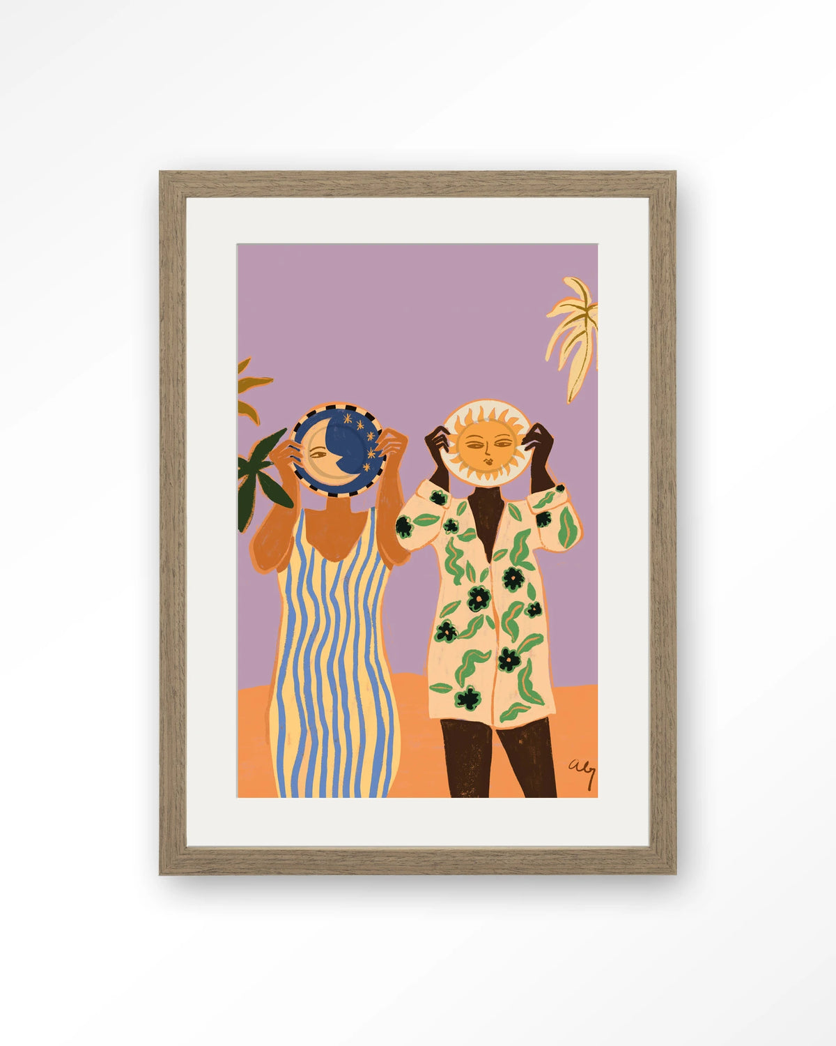 Sun & Moon – zon en maan met twee mensen – Art print – Hout bruin + passe-partout