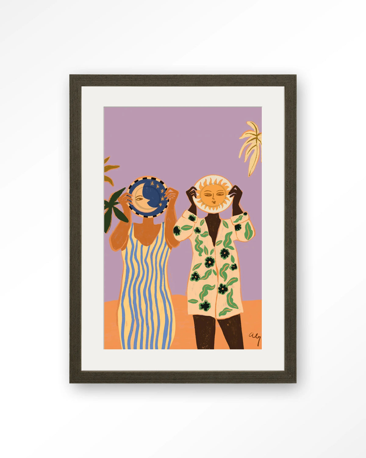 Sun & Moon – zon en maan met twee mensen – Art print – Hout donkerbruin + passe-partout