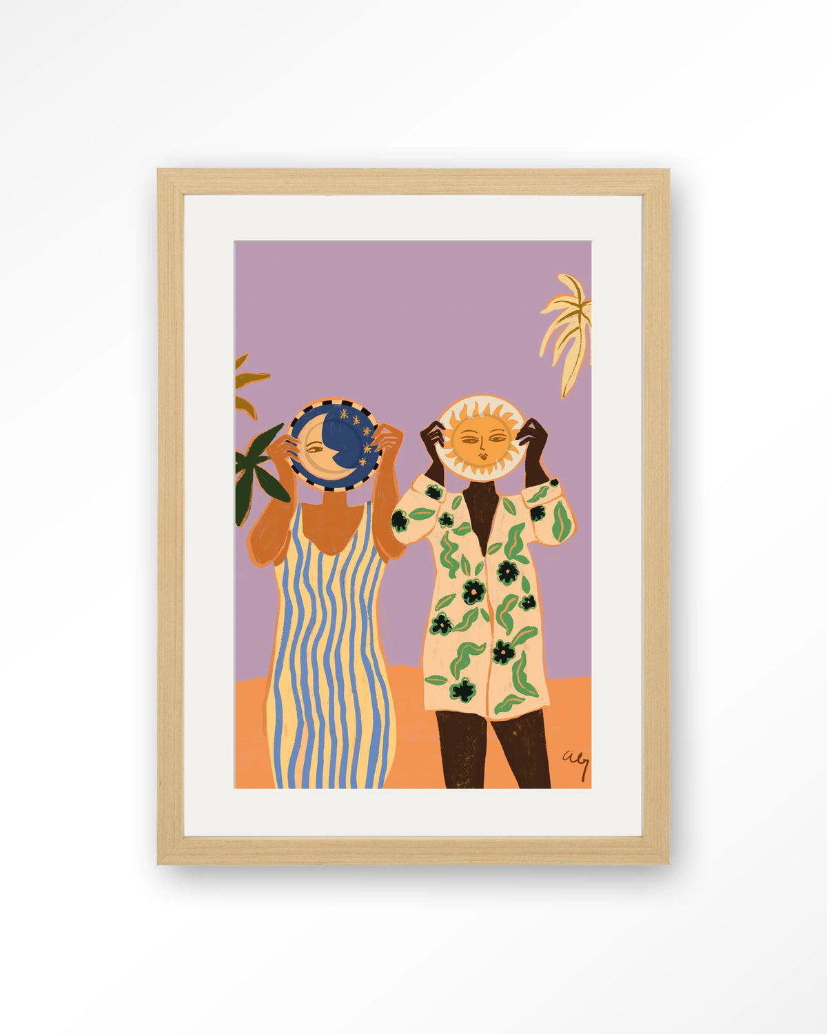 Sun & Moon – zon en maan met twee mensen – Art print – Hout naturel + passe-partout