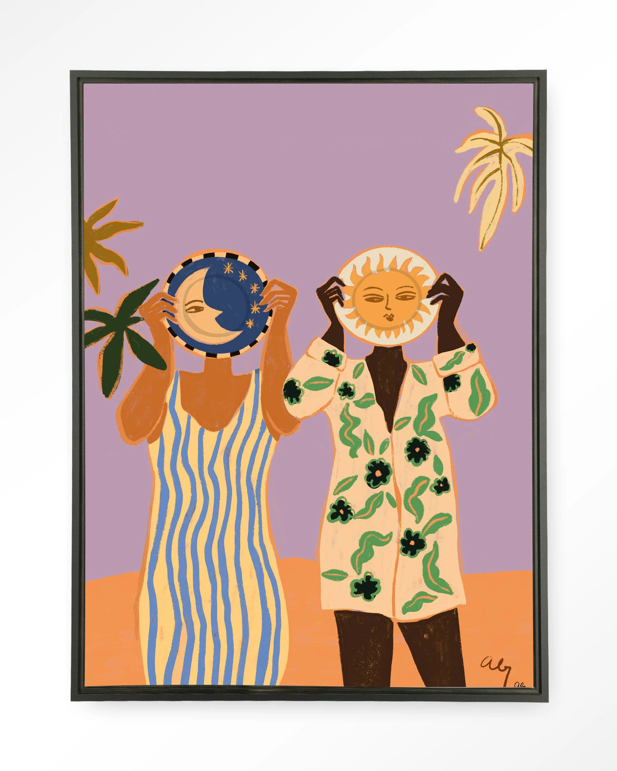 Sun & Moon – zon en maan met twee mensen – Wandkleed – Floating frame – zwart