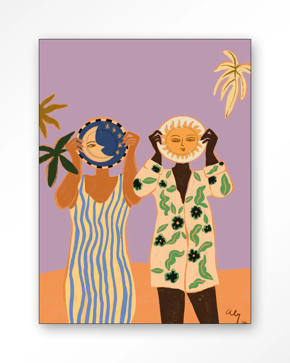Sun & Moon – zon en maan met twee mensen – Wandkleed – Frame – zwart